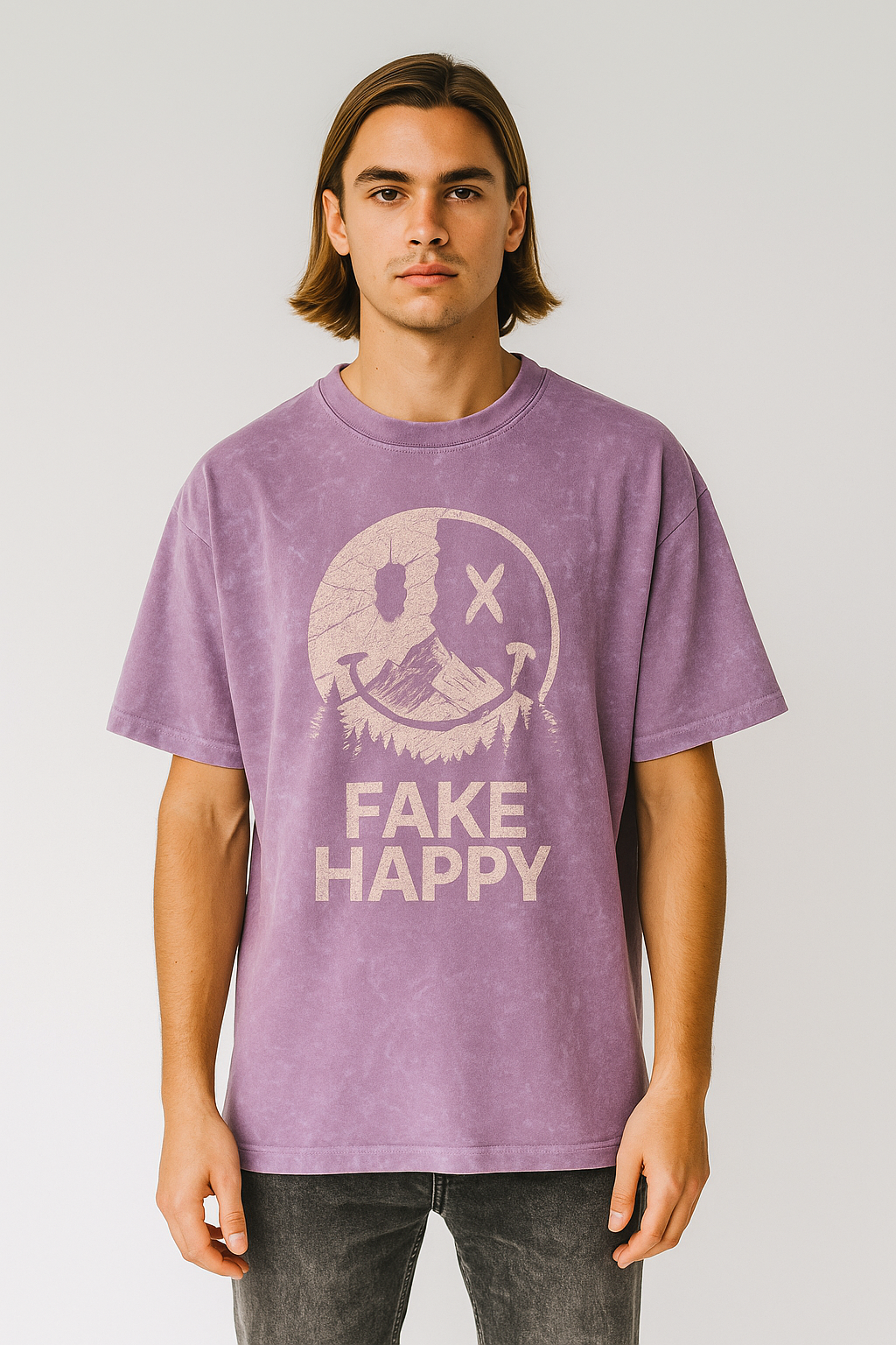“Fake Happy” Oversized Tee - dusty pinkish-purple shade