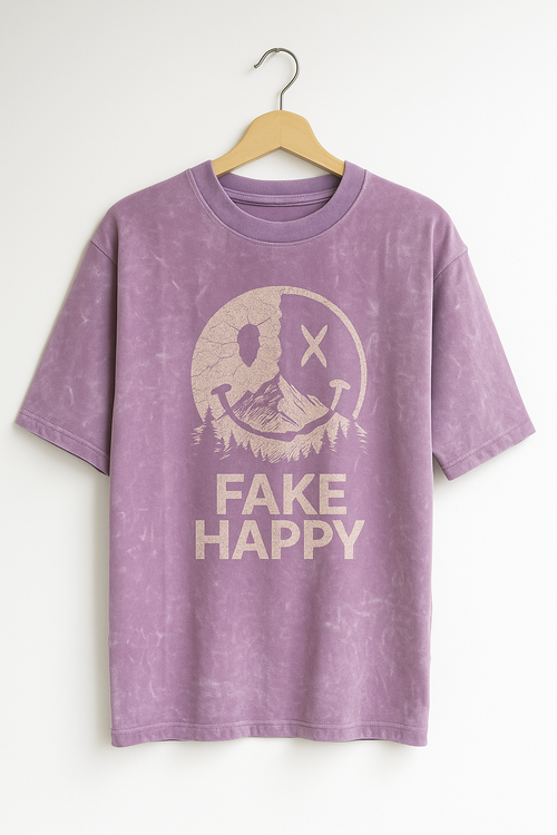 “Fake Happy” Oversized Tee - dusty pinkish-purple shade
